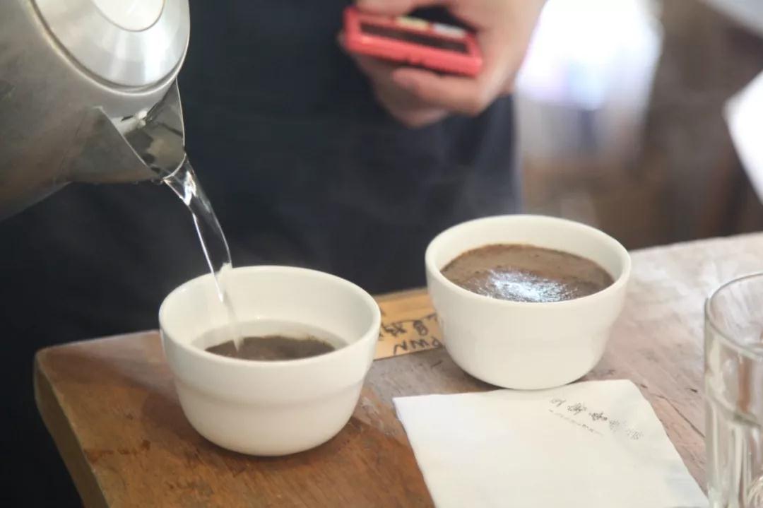 Pouring hot water for coffee cupping
