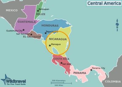 Map of Nicaragua showing geographical features