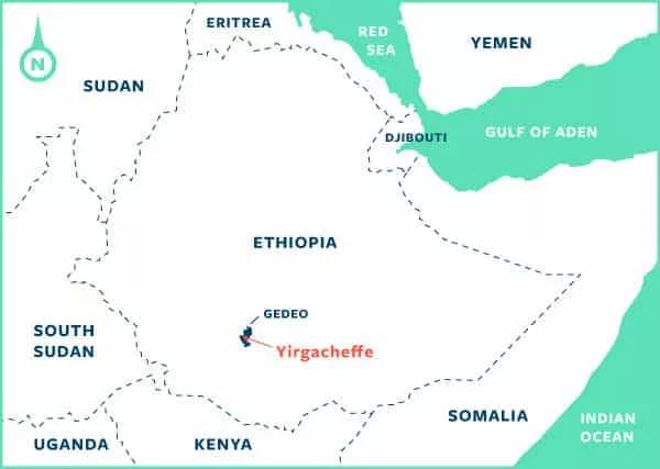 Map of Yirgacheffe region in Ethiopia
