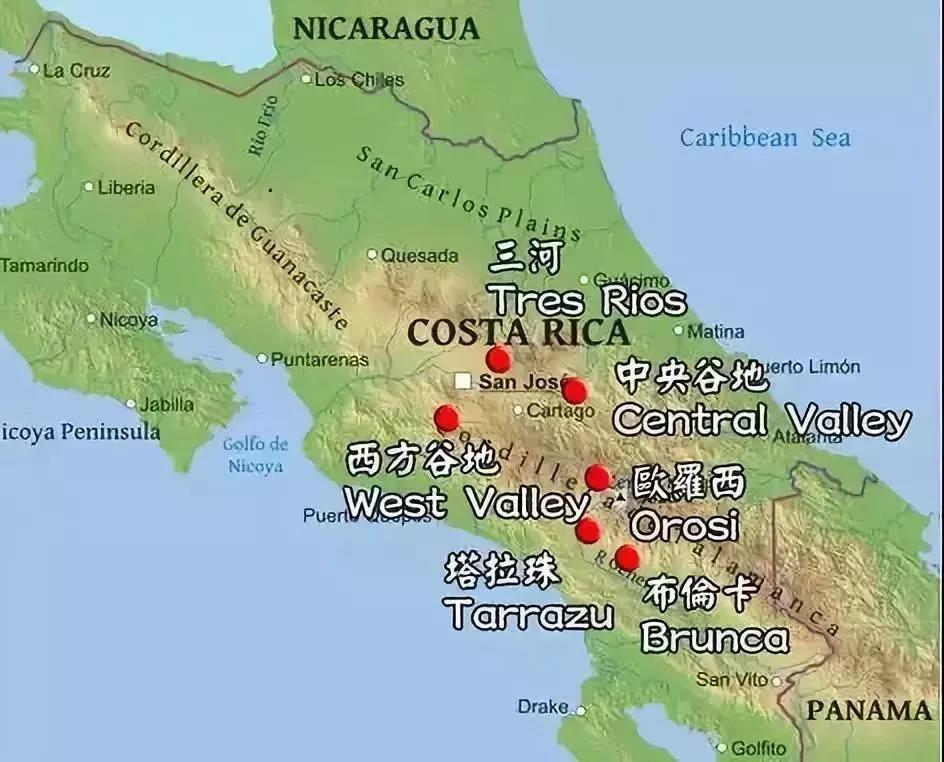 Costa Rican coffee regions map