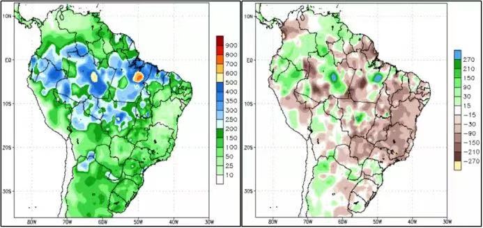 Left: Colombia rainfall March 2021, Right: Colombia rainfall March 2020