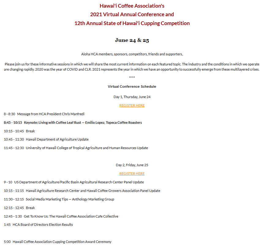 Hawaii Coffee Association Conference Schedule