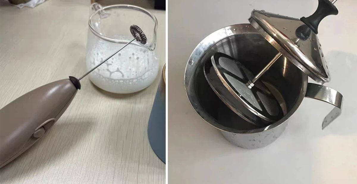 Electric milk frother (left) and manual milk frothing pot (right)
