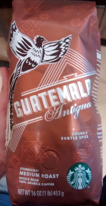 Resplendent Quetzal bird design on Starbucks Guatemala coffee packaging